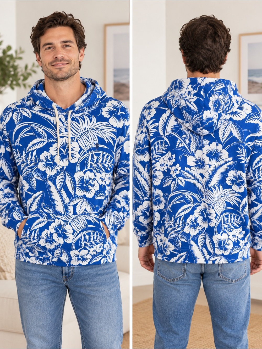 Polo Ralph Lauren Men’s XL Blue White Tropical Floral Pullover Hoodie